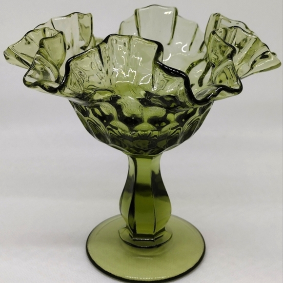 Vintage Fenton Colonial Green Thumbprint Ruffled Crimped Edged Compote - Picture 6 of 12
